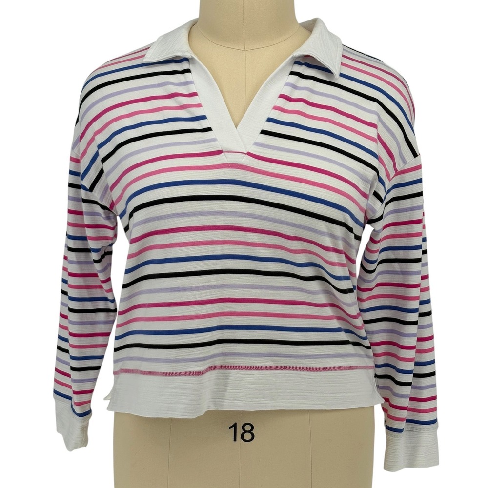 T by Talbots Polo Shirt White Pink Blue Striped V-Neck Top (est size XL)